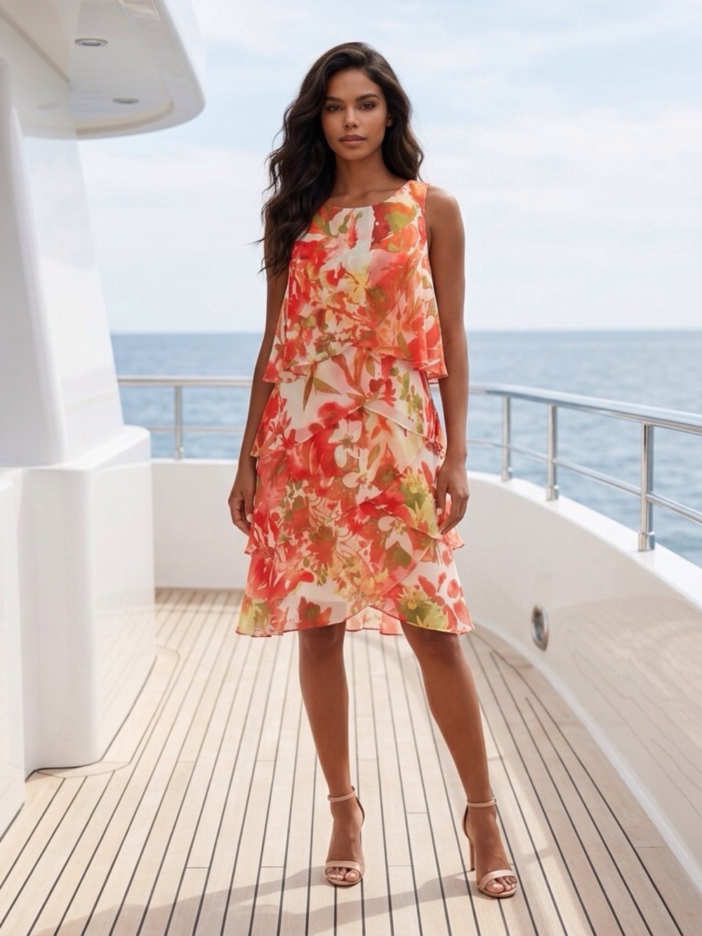 Floral Tiered Midi Dress in Coral Pink